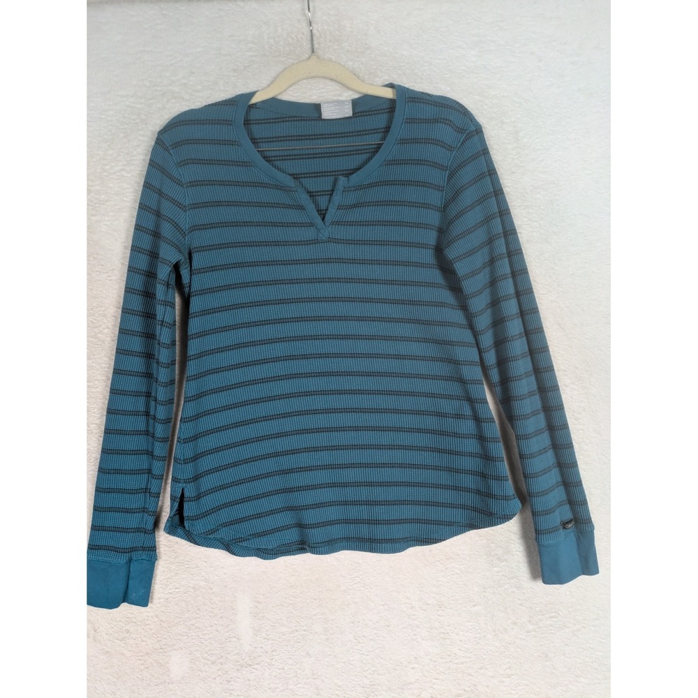 Columbia Waffle Knit Top Women's XS Teal Striped Notch Neck Long Sleeve